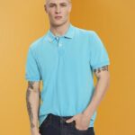 Men Esprit Aqua Green Stone-washed cotton pique polo shirt Polos XF4444708
