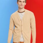 Men Esprit Beige V-neck sustainable cotton cardigan Sweaters XF4444775