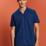 Men Esprit Blue Dark Wash Short-Sleeved Denim Shirt Shirts XF4444595
