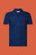Men Esprit Blue Dark Wash Short-Sleeved Denim Shirt Shirts XF4444595 - Image 5