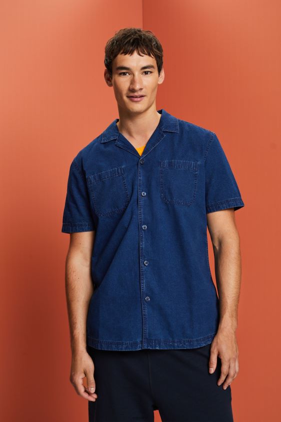 Men Esprit Blue Dark Wash Short-Sleeved Denim Shirt Shirts XF4444595 - Image 1