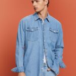 Men Esprit Blue Light Wash Cotton denim shirt Shirts XF4444732