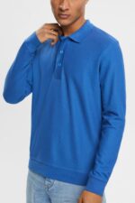 Men Esprit Blue Long sleeve pique polo shirt Polos XF4444952