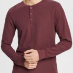 Men Esprit Bordeaux Red Long sleeve waffle pique top, 100% cotton Long Sleeve XF4444823