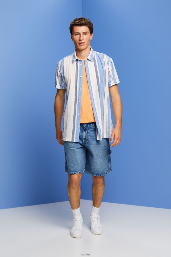 Men Esprit Bright Blue Striped short sleeve shirt, 100% cotton Shirts XF4444612 - Image 2