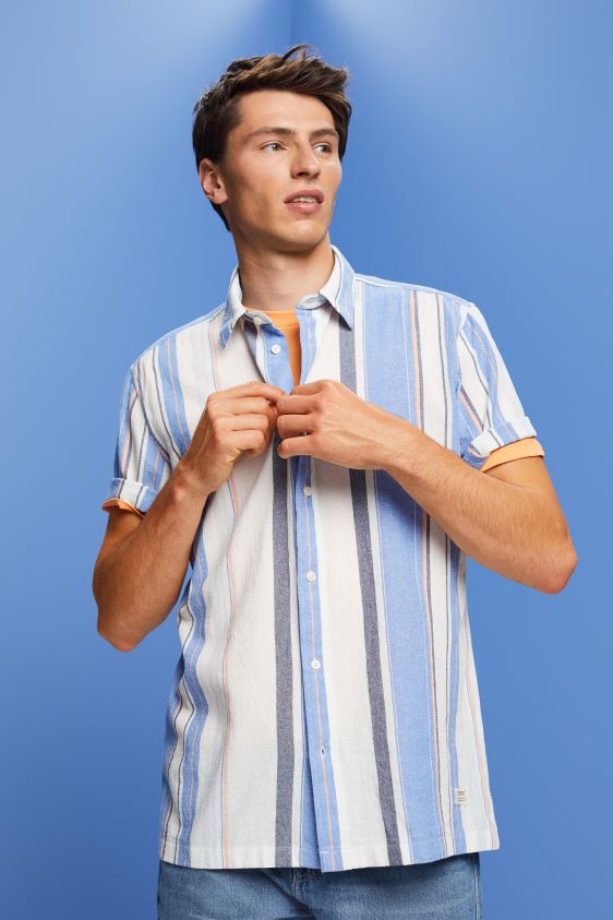 Men Esprit Bright Blue Striped short sleeve shirt, 100% cotton Shirts XF4444612 - Image 1