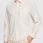 Men Esprit Cream Beige Striped shirt Shirts XF4444871