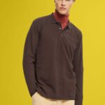 Men Esprit Dark Brown Long sleeve pique polo shirt Polos XF4444836