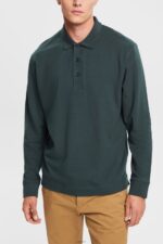 Men Esprit Dark Teal Green Long sleeve polo shirt Polos XF4444820