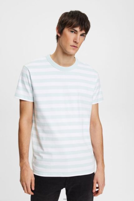 Men Esprit Light Aqua Green Striped crewneck T-shirt T-Shirts XF4444770