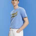 Men Esprit Light Blue Lavender Retro logo print cotton t-shirt T-Shirts XF4444632