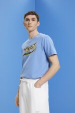 Men Esprit Light Blue Lavender Retro logo print cotton t-shirt T-Shirts XF4444632