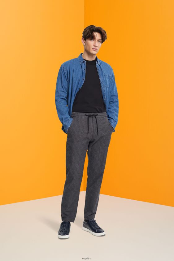 Men Esprit Medium Grey Pinstripe trousers with drawstring waistband Trousers & Pants XF4444815 - Image 2