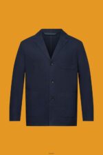 Men Esprit Navy Cotton-Twill Blazer Jacket Jackets XF4444621 - Image 5