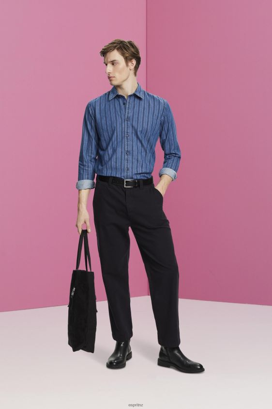 Men Esprit Navy Slim fit denim shirt with stripes Shirts XF4444717 - Image 2