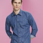 Men Esprit Navy Slim fit denim shirt with stripes Shirts XF4444717