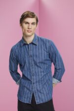 Men Esprit Navy Slim fit denim shirt with stripes Shirts XF4444717