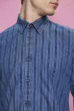 Men Esprit Navy Slim fit denim shirt with stripes Shirts XF4444717 - Image 3