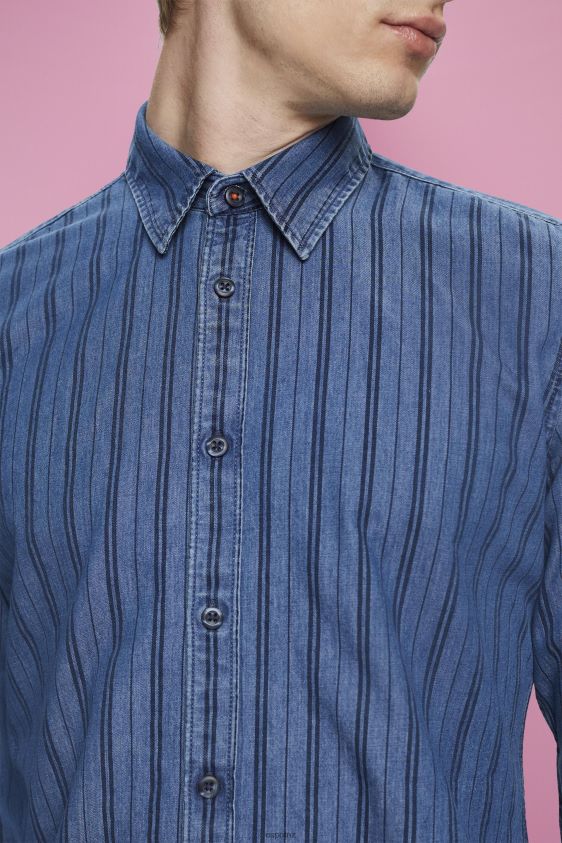 Men Esprit Navy Slim fit denim shirt with stripes Shirts XF4444717 - Image 3