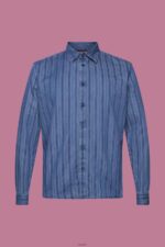 Men Esprit Navy Slim fit denim shirt with stripes Shirts XF4444717 - Image 5