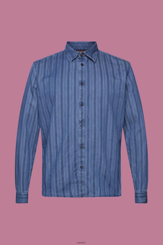 Men Esprit Navy Slim fit denim shirt with stripes Shirts XF4444717 - Image 5