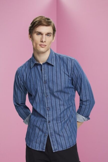 Men Esprit Navy Slim fit denim shirt with stripes Shirts XF4444717