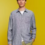 Men Esprit Navy Striped shirt, 100% linen Shirts XF4444596