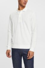 Men Esprit Off White Long sleeve pique polo shirt Polos XF4444951
