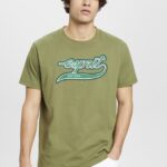 Men Esprit Olive Retro logo print cotton t-shirt T-Shirts XF4444631