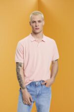 Men Esprit Pink Stone-washed cotton pique polo shirt Polos XF4444710