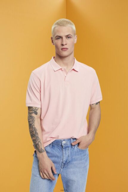Men Esprit Pink Stone-washed cotton pique polo shirt Polos XF4444710