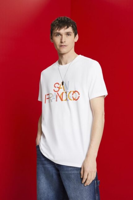 Men Esprit San Francisco White T-shirt with front print, 100% cotton T-Shirts XF4444739