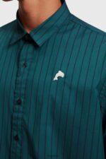 Men Esprit Teal Blue Relaxed fit striped poplin shirt Shirts XF4444797 - Image 4