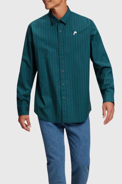 Men Esprit Teal Blue Relaxed fit striped poplin shirt Shirts XF4444797