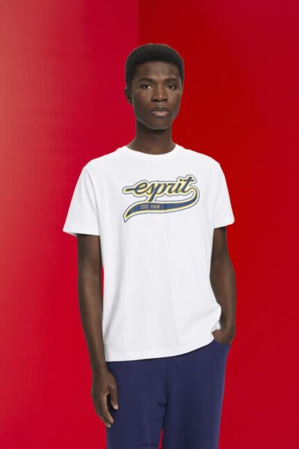 Men Esprit White Retro logo print cotton t-shirt T-Shirts XF4444629