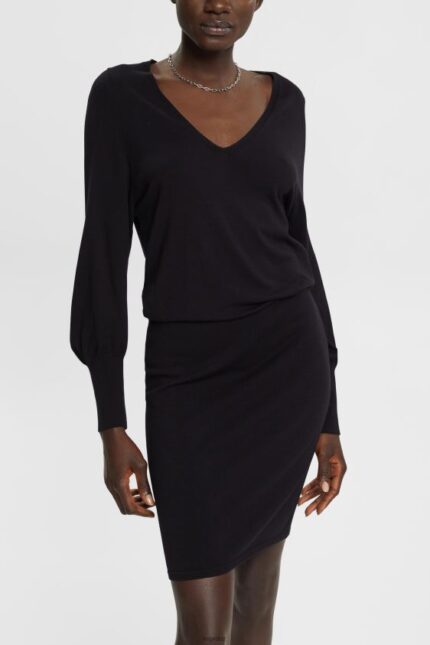 Women Esprit Black Knit dress with slit sleeves, LENZING ECOVERO Dresses XF4444442