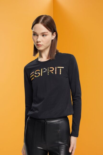Women Esprit Black Long-sleeved t-shirt with logo T-Shirts XF4444460