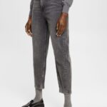 Women Esprit Black Medium Wash Banana fit jeans with asymmetric waistband Denim XF4444339