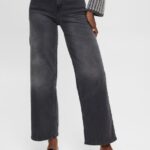 Women Esprit Black Medium Wash High-rise wide leg jeans Denim XF4444449