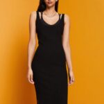 Women Esprit Black Rib-knit dress, linen blend Dresses XF4444113