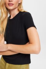 Women Esprit Black Ribbed jersey t-shirt T-Shirts XF44441 - Image 3