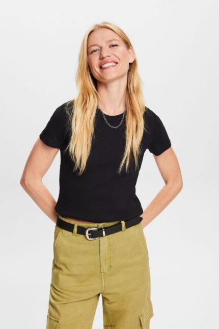 Women Esprit Black Ribbed jersey t-shirt T-Shirts XF44441