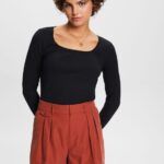 Women Esprit Black Ribbed long sleeve top Long Sleeve XF444488