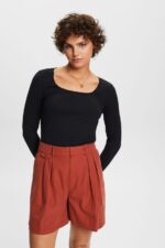 Women Esprit Black Ribbed long sleeve top Long Sleeve XF444488