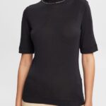 Women Esprit Black T-shirt with band collar, TENCEL T-Shirts XF4444374
