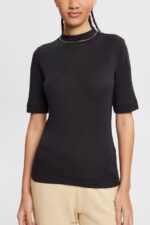 Women Esprit Black T-shirt with band collar, TENCEL T-Shirts XF4444374