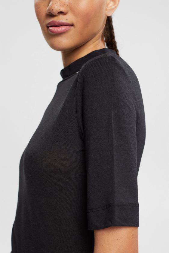 Women Esprit Black T-shirt with band collar, TENCEL T-Shirts XF4444374 - Image 3