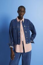 Women Esprit Blue Dark Wash Collarless denim jacket with drawstrings Jackets XF4444298