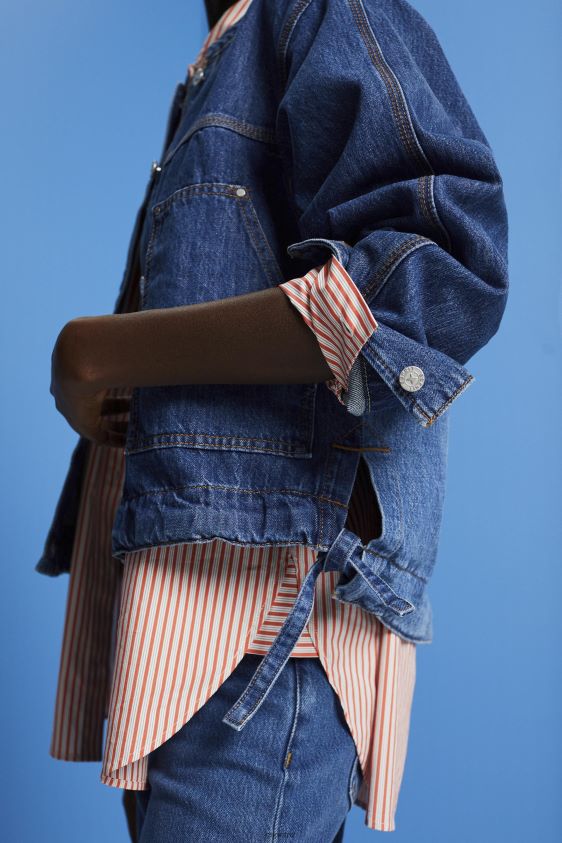 Women Esprit Blue Dark Wash Collarless denim jacket with drawstrings Jackets XF4444298 - Image 3