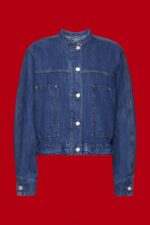 Women Esprit Blue Dark Wash Collarless denim jacket with drawstrings Jackets XF4444298 - Image 5